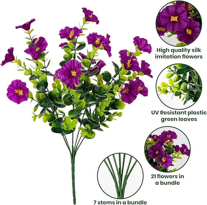 Artificial Faux Flowers for Outdoor 16 Bundles Boxwood Fake Morning Glory for Planter,UV Resistant Fake Flowers for Home Porch Patio Outside（Fuchsia）