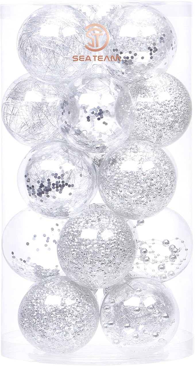 Sea Team Shatterproof Clear Plastic Christmas Ball Ornaments Decorative Xmas Balls Baubles Set with Stuffed Delicate Decorations (80mm/3.15 inch 20-Pack, Silver)