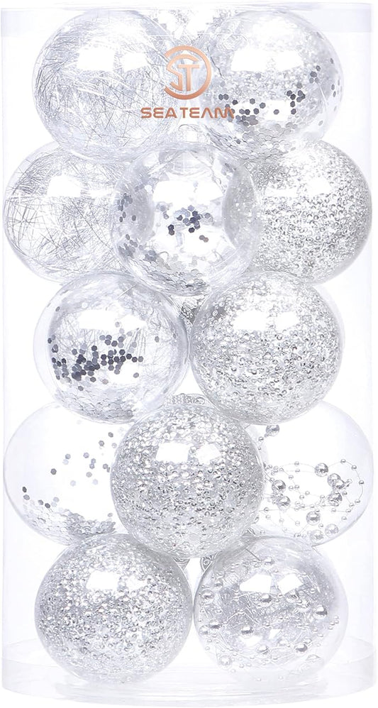 Sea Team Shatterproof Clear Plastic Christmas Ball Ornaments Decorative Xmas Balls Baubles Set with Stuffed Delicate Decorations (80mm/3.15 inch 20-Pack, Silver)