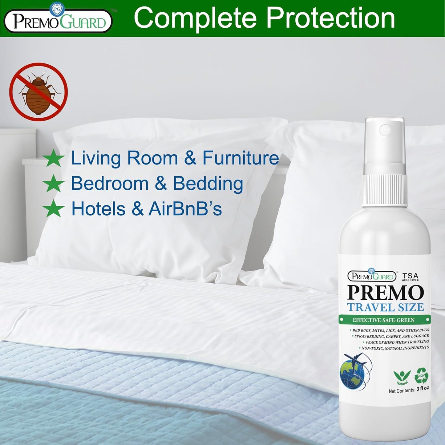 Travel Bed Bug & Mite Killer Spray by Premo Guard 3 oz – Child & Pet Safe – Fast Acting – Stain & Odor Free – Best Protection – Carryon Bag Approved