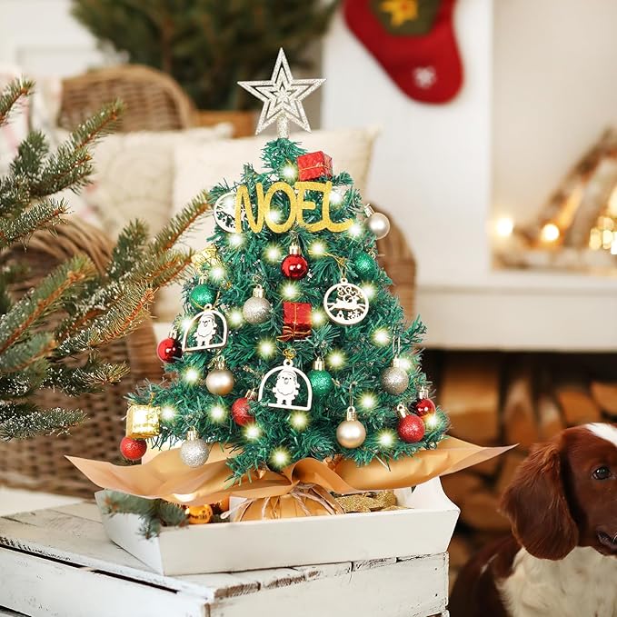 Wangchao Craft 20" Tabletop Mini Christmas Tree Set with LED Light, Star Treetop, Ornaments Balls, Table Top Small Christmas Tree, Best DIY Christmas Decorations Green