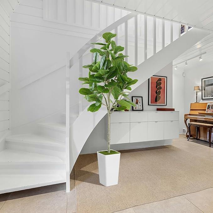 Artificial Fiddle Leaf Fig Tree 6ft - Realistic Tall Fake Plants for Office Home Living Room Bedroom Decor Indoor Outdoor - Green Large Silk Faux Floor Plant with Pot