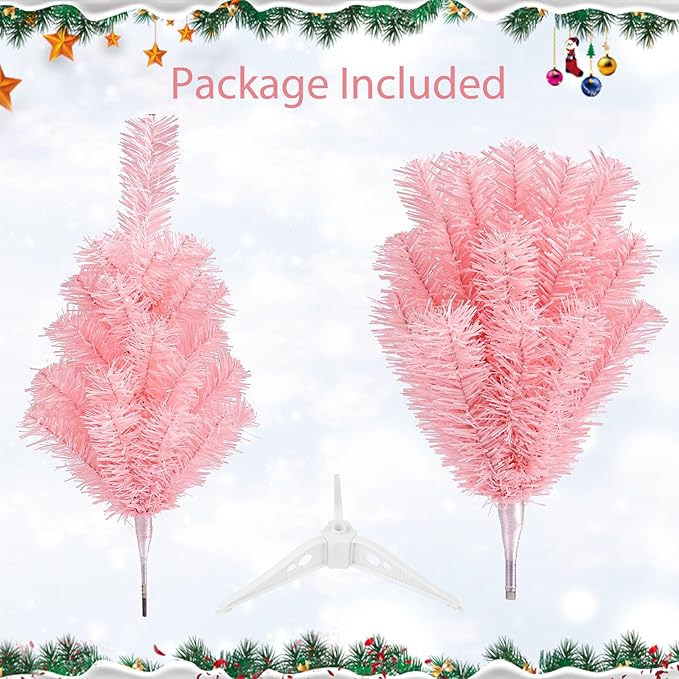 2Ft Artificial Christmas Tree Pink Tabletop Christmas Tree with Plastic Stand Mini Xmas Pine Tree for Indoor Outdoor Holiday Home Decoration