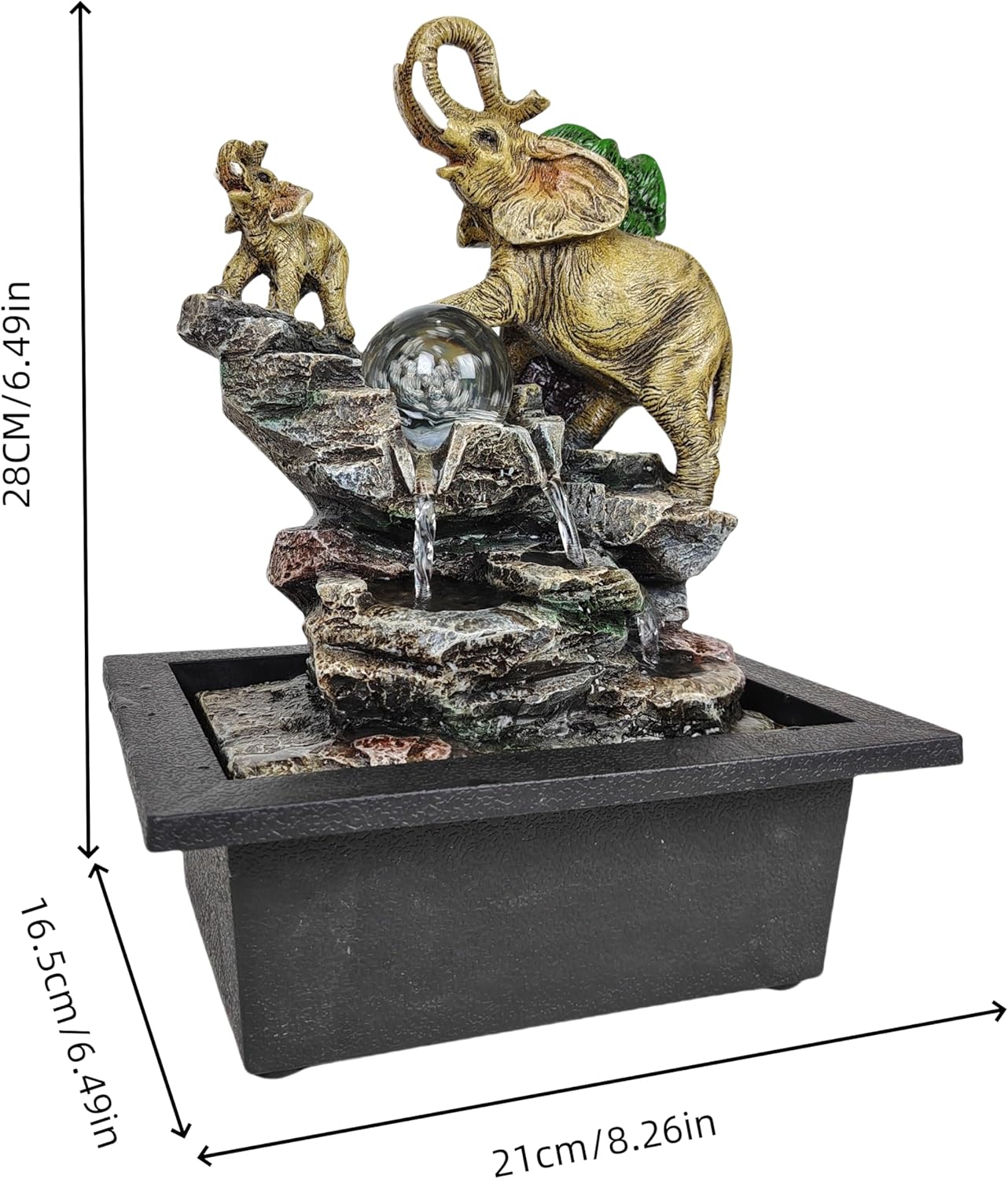 Decorative Elephant Cascade Tabletop Fountain with LED Globe, 3-Tier Design, A Quiet and Soothing Indoor Desktop Fountain