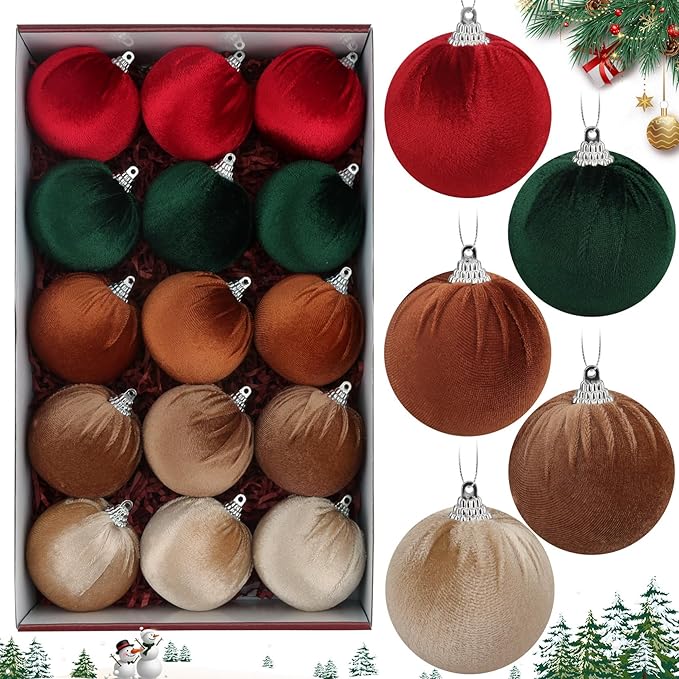 Woration 15pcs Velvet Christmas Ornaments Balls 2.35" Christmas Tree Decorations Ball Set Shatterproof Hanging Xmas Ornaments Baubles (Red/Green/Brown/Coffee/Champagne)