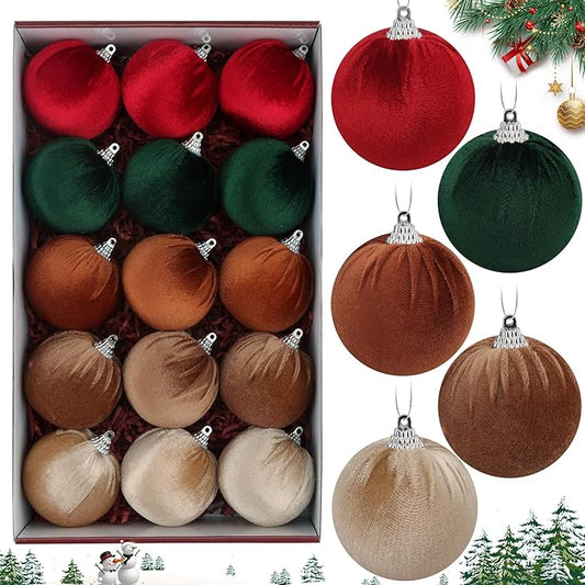 Woration 15pcs Velvet Christmas Ornaments Balls 2.35" Christmas Tree Decorations Ball Set Shatterproof Hanging Xmas Ornaments Baubles (Red/Green/Brown/Coffee/Champagne)