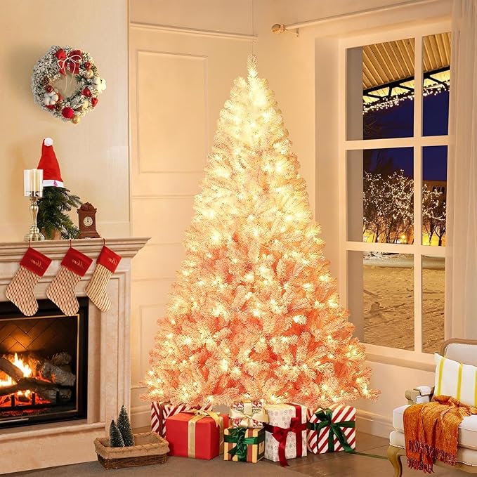 GAOMON 7.5Ft Pink Christmas Tree,Snow Flocked Artificial Christmas Tree with 450ww LEDs Lights & 288 Branch Tips & Sturdy Metal Stand, Xmas Decoration for Home Office, Party, Holiday, Pink Gradient