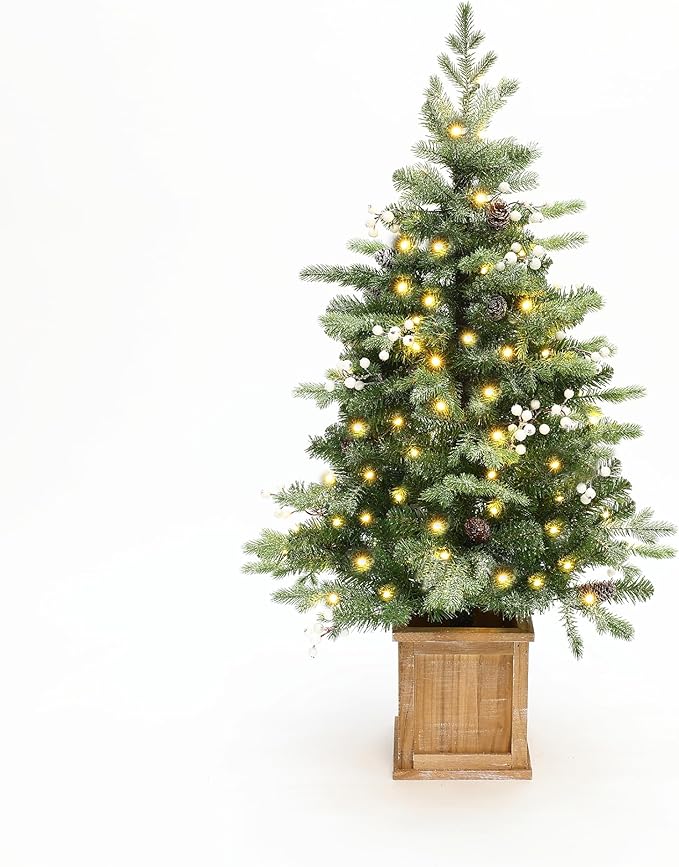 LuxenHome 4FT Potted Flocked Christmas Tree, Small Christmas Tree Prelit with 70 Warm White LED Lights, Berries and Pine Cones, Lighted Pencil Artificial Christmas Trees with Planter Indoor & Outdoor