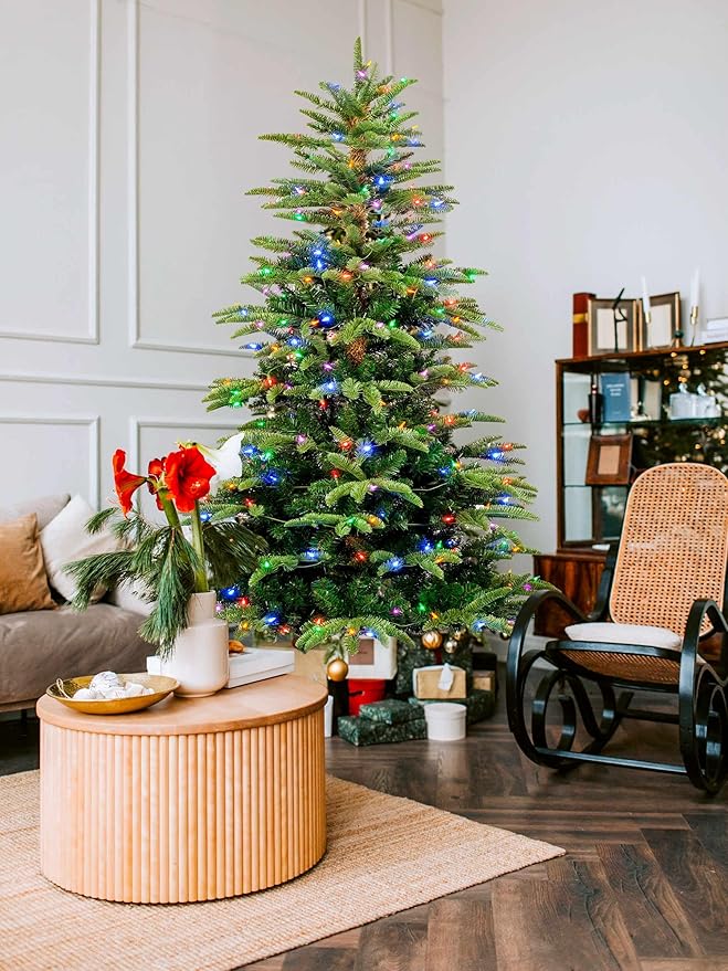 YULETIME 6.5ft Pre-Lit Christmas Tree, Realistic Spruce Holiday Decorative Tree with UL Listed 300 Multicolor LED Christmas Lights (6.5' Realistic Spruce Multicolor)