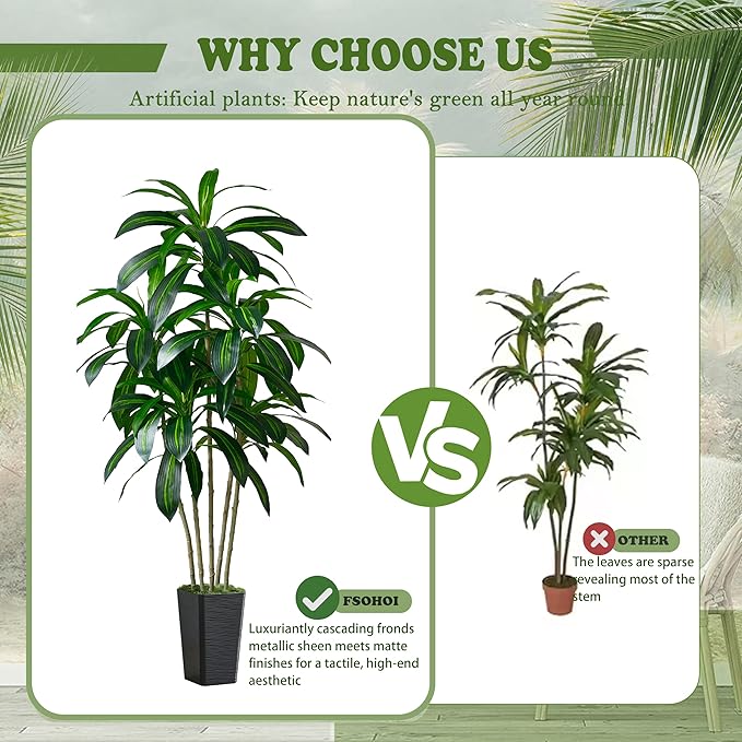 Artificial Dracaena Tree-6FT Tall Fake Plants with Black Tall Square Planter-Artificial Plants Indoor Floor Plant in Pot-Large Tropical Fake Yucca Potted Tree for Home Office Living Room Decor