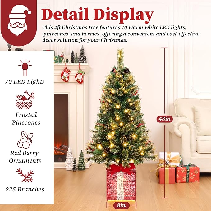 Brightever 4FT Christmas Tree with Warm White LED Lights, Pre-lit Artificial Christmas Trees for Outdoor Indoor Decorations, Unique Gift Box Base, Plug in Outdoor Xmas Tree for Porch, Tabletop, Green