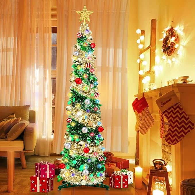5FT Pop Up Christmas Tree with Timer 60 Warm White & Multi Color Fairy Light 3D Star 15 Ball Ornament, Green Gold Tinsel Christmas Tree Slim Pencil Xmas Tree Home Office Holiday Decor Indoor Outdoor