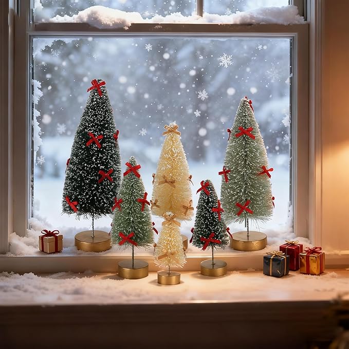 6 Pack Mini Christmas Trees, Small Miniature Frosted Bottle Brush Christmas Tree Decorations Tiny Tabletop Sisal Trees with Bows for Tiered Tray Mantel Winter Village Holiday Décor Assorted Sizes