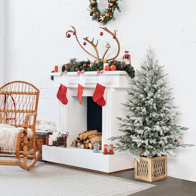 HAPPYGRILL 4 FT Pre-Lit Artificial Christmas Tree Flocked Xmas Tree with 231 PE PVC Branch Tips, 15 Natural Pine Cones, 100 Warm White LED Lights & Vintage Base, Decoration Tree for Party & Carnival