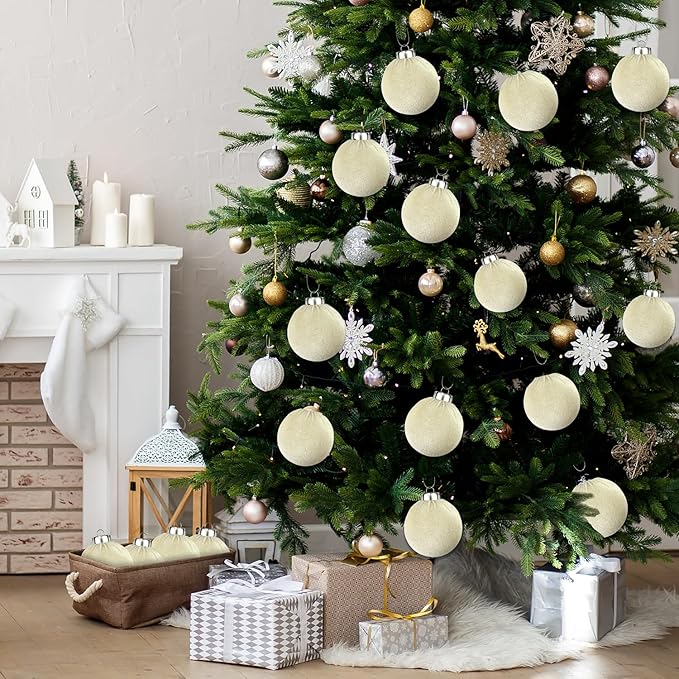Beige Velvet Christmas Ball Ornaments for Tree 15 PCS, Large Neutral Flocked Christmas Bulbs Ornaments Set 3.15 Inch, Shatterproof Xmas Hanging Baubles Decorations (Beige)