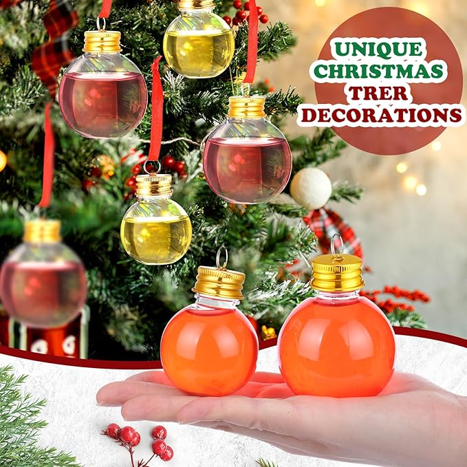 Patelai 18 Pcs Christmas Drink Balls Clear Shot Glass Ornaments Xmas Tree Fillable Ornaments Plastic Xmas Water Bottle Bulbs for Holiday Party Decorations(Round,50 Ml，100 ml)
