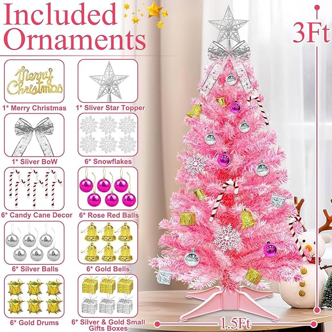 Valentines Day Decorations-3 FT Artificial Valentines Christmas Tree,Tabletop Small Christmas Tree with 50 Warm White & Multicolor Changing Lights Timer 8 Modes DIY Ball Ornaments Holiday Decoration