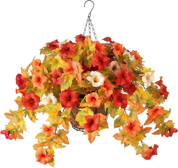 Artificial Fake Fall Flowers with Hanging Basket Plants for Outdoor Decoration, Silk Faux Flower UV Resistant Petunias for Home Porch Patio Garden Balcony Yard Decor Real Looking(Orange White)