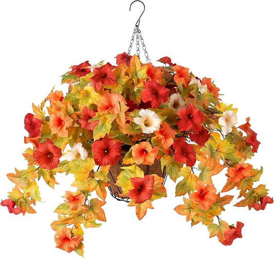 Artificial Fake Fall Flowers with Hanging Basket Plants for Outdoor Decoration, Silk Faux Flower UV Resistant Petunias for Home Porch Patio Garden Balcony Yard Decor Real Looking(Orange White)