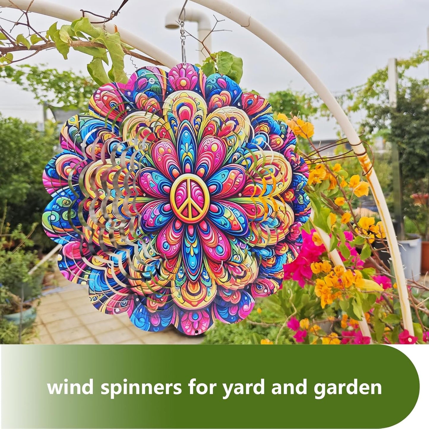 Wind Spinners Art Flower 12 inch 3D Stainless Steel Laser Cut Metal Art Geometric Pattern Wind Sculpture Hanging for Yard Garden Decorations Gifts Indoor Outdoor