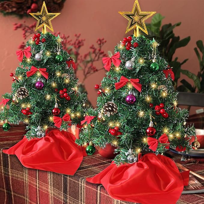 Juegoal 2 Pack Mini Christmas Tree Set 24 Inch / 2 FT, Table Top Artificial Christmas Trees with 50 LED Lights, Xmas Ornaments and Red Berries, Best DIY Christmas Decorations