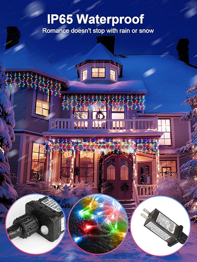 42FT Icicle Lights, Christmas Outdoor with 400LED 75 Drops, IP65 Waterproof Eaves Lights, 8 Modes, for Christmas Eaves Garden Room Decoration Multicolor