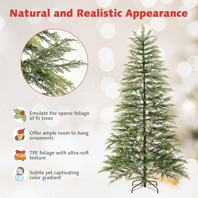 Goplus 6.5 FT Pre-Lit Artificial Christmas Tree, Hinged Sparse Xmas Fir Tree with 578 Soft Branch Tips, 390 Multicolored LED Lights, 8 Modes, Foldable Metal Stand, Home Office Decoration
