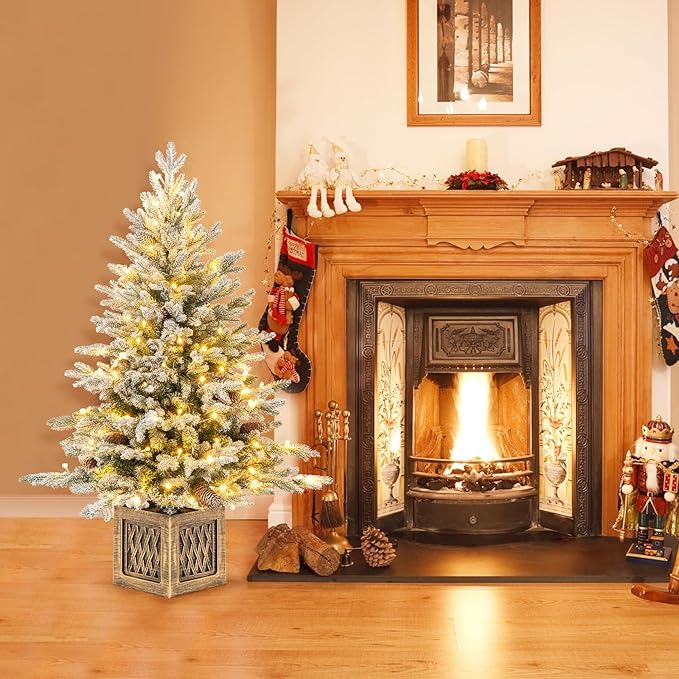 HAPPYGRILL 4 FT Pre-Lit Artificial Christmas Tree Flocked Xmas Tree with 231 PE PVC Branch Tips, 15 Natural Pine Cones, 100 Warm White LED Lights & Vintage Base, Decoration Tree for Party & Carnival