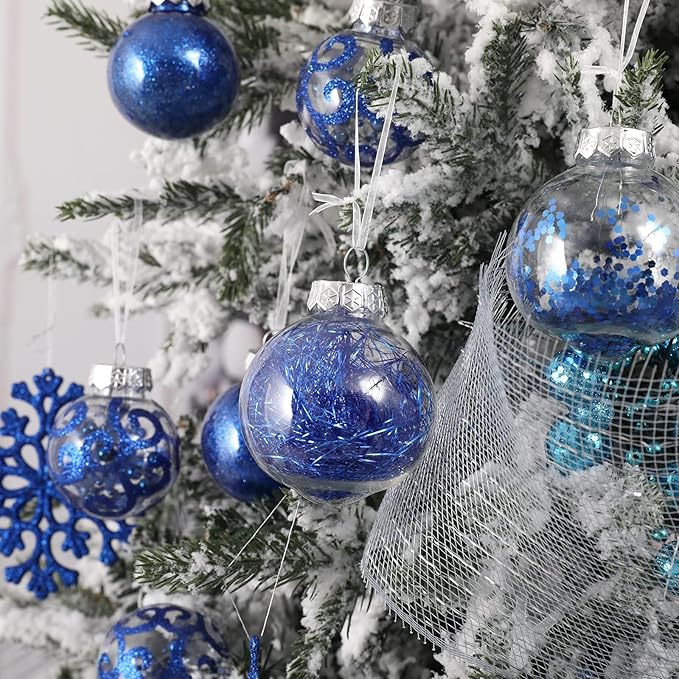 Wironlst Christmas Ball Ornaments Shatterproof Clear Large Plastic Hanging Ball Decorative Baubles Set with Stuffed Delicate Decorations (Multi-Size, Blue)