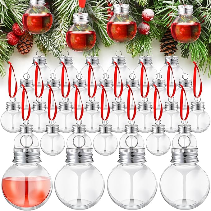 Patelai 100 Pcs Christmas Drink Balls Shot Glass Ornament Plastic Fillable Christmas Tree Ornaments Xmas Water Bottle Bulbs for Holiday Party Indoor Outdoor (Clear with Silver Lid)