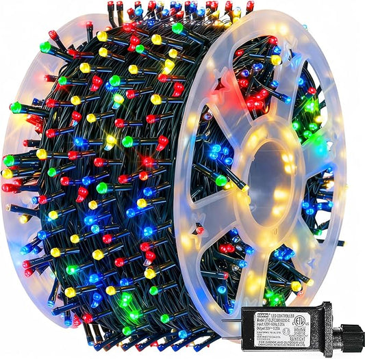 Dazzle Bright 164 FT 500 LED Christmas String Lights, Waterproof Green Wire String Lights with 8 Modes, Outdoor Christmas Decorations for Indoor Garden Party Yard Decor (Multi-Colored)