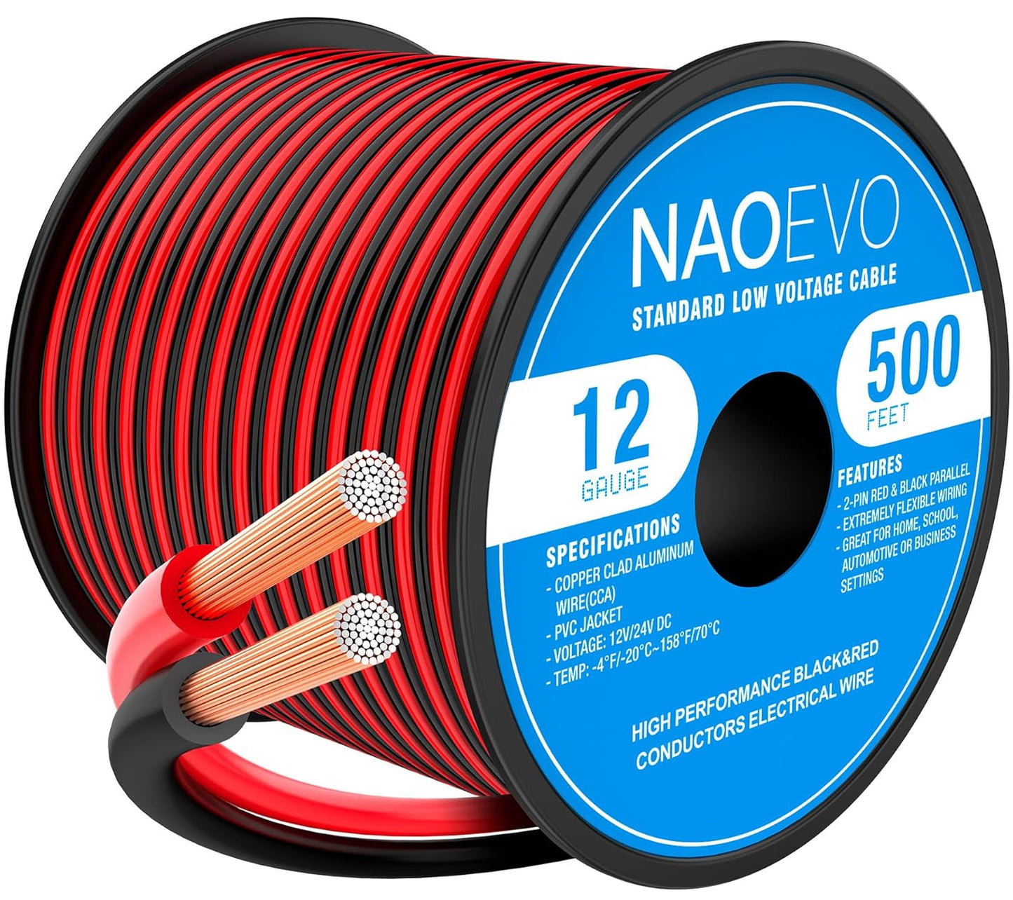 NAOEVO 12 Gauge Wire 500FT, 2 Conductors Electrical Wire Red Black Cable, Flexible/Low Voltage/PVC 12 AWG Copper Clad Aluminum Extension Cord for Speaker, LED Strips, Automotive 12V/24V DC