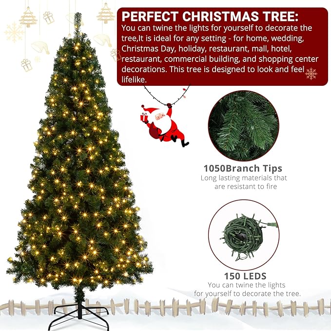 VINGLI 7ft Christmas Tree with 200 Warm LED Lights, 1100 Full PVC Tips, Pre-Lit Artificial Xmas Tree with Sturdy Metal Stand, 8 Lighting Modes for Holiday & Party Decorations