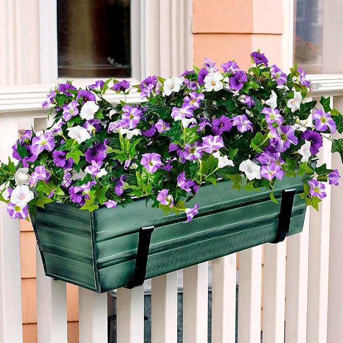 Artificial Flowers for Outdoors 2 Pack UV Resistant Petunias with Real Touch Plastic Leaves, Faux Flowers for Outdoor Planters, Silk Flowers for Outside Garden Porch Window Patio Home Decor, Purple