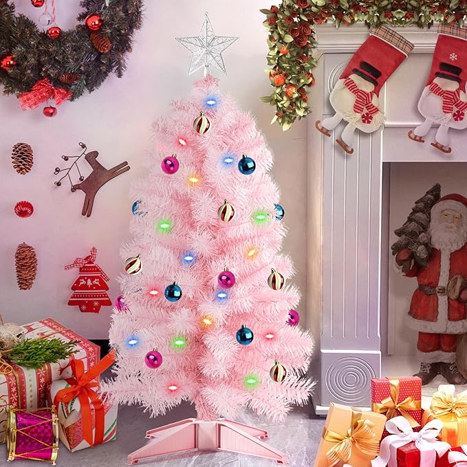 [ 12 Modes & Remote Control ] SURCVIO 3 Ft Christmas Tree with Timer 50 Four Color LED Lights DIY 15 Ball Ornaments Star Artificial Xmas Tree Indoor Outdoor Home Holiday Decorations (Pink)