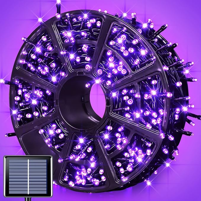 JMEXSUSS 600LED Purple Solar Halloween Lights, 206.7ft Solar String Lights Outdoor Waterproof, 8 Modes Purple Christmas Lights for Outside Yard Patio Tree Garden Xmas Halloween Decor
