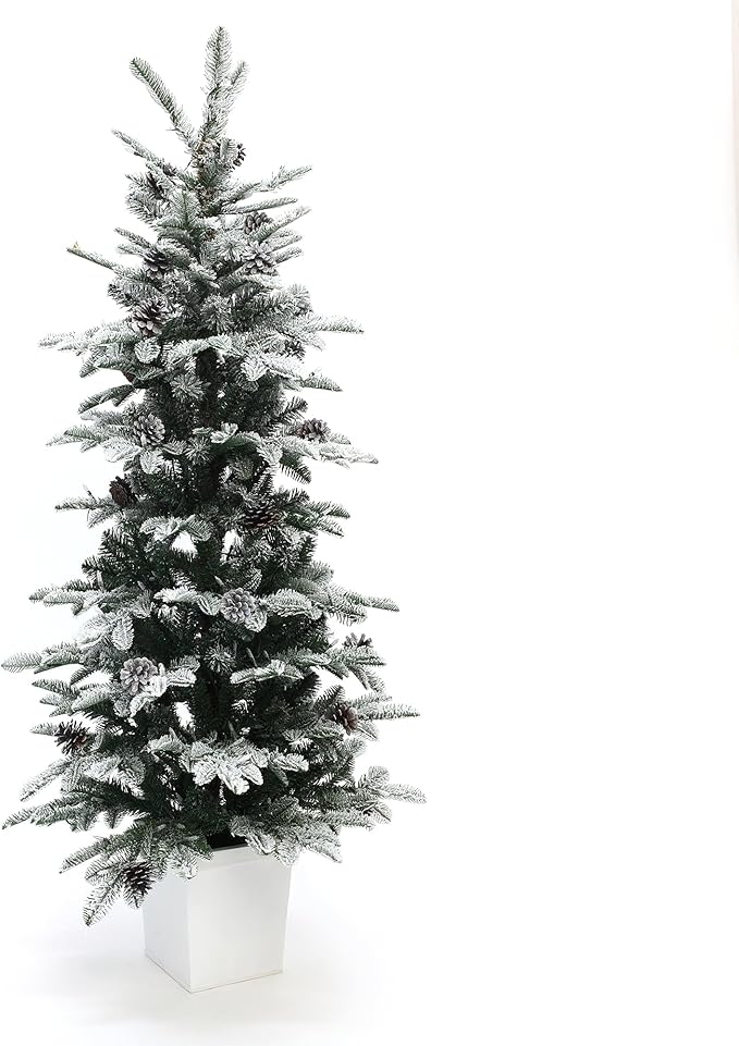 LuxenHome 5FT Small Potted Christmas Tree, Flocked Christmas Tree with Pot, Prelit Artificial Xmas Trees with 300 LED Lights and Pine Cone, Lighted Pine Trees for Indoor, Outdoor Holiday Display
