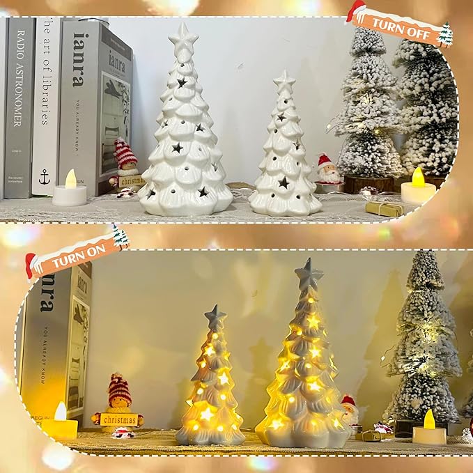 White Ceramic Christmas Trees with Lights, 2Pcs Light Up Table Top Porcelain Christmas Tree, Tabletop Mini Xmas Tree Figurines for Modern Home Decoration