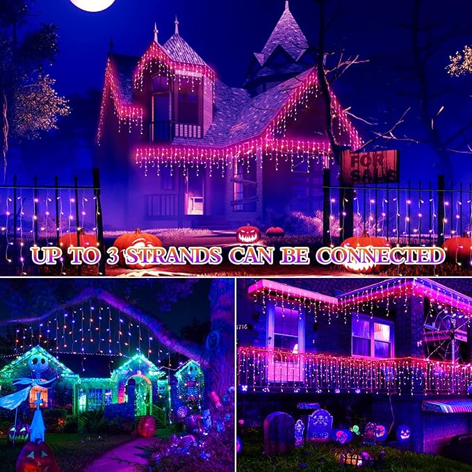 JXLEDAYY 65 FT 640 LED Halloween Lights Outdoor Decorations Clear Wire String Lights Plug in 120 Drops 8 Modes Memory Timer Curtain Fairy Lights Waterproof for Holiday Wedding Party-Orange and Purple