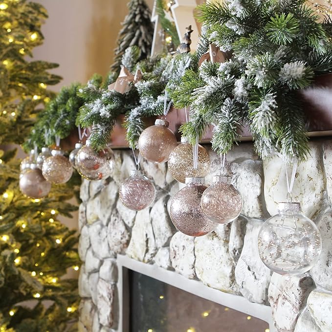 Sea Team Multi-Size Shatterproof Clear Plastic Christmas Tree Ball Ornaments Set, Decorative Hanging Transparent Xmas Baubles with Stuffed Delicate Decorations (25 Counts, Rose Gold)