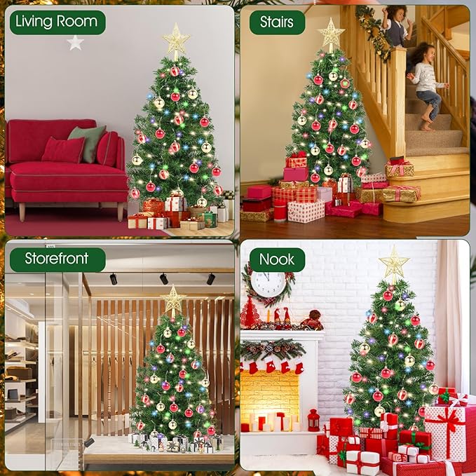 3Ft Christmas Tree with Lights, Table Christmas Tree with 50 LED 12 Modes, 3D Star, 15 Hanging Ball Ornaments, Small Prelit Xmas Tree for Tabletop, Home and Office (Green)