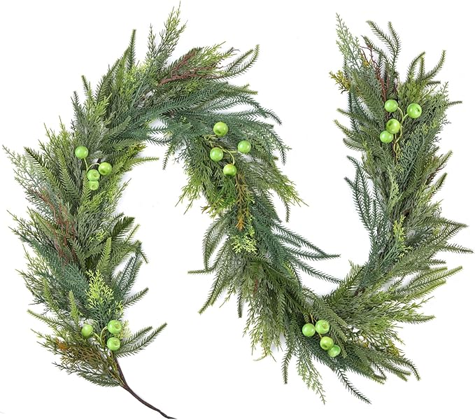 Christmas Norfolk Pine Garland with Berries - Realistic Spruce Greenery for Holiday Mantel, Fireplace, Table Decor