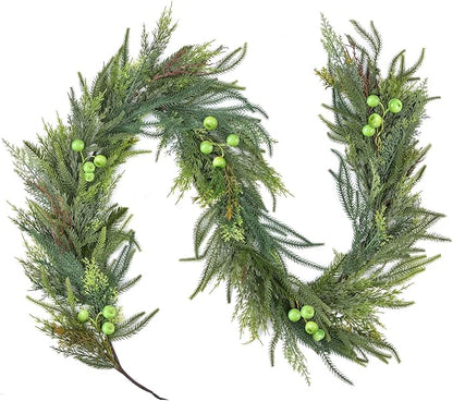 Christmas Norfolk Pine Garland with Berries - Realistic Spruce Greenery for Holiday Mantel, Fireplace, Table Decor