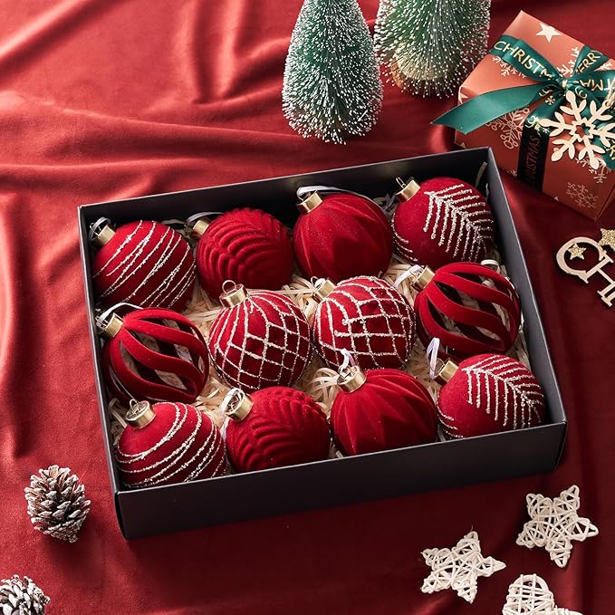 Christmas Ball Ornaments, Red Xmas Decor, 12-Pcs Hand-Painted Shatterproof Decor Set, Multi-Color Christmas Tree Decorations, Perfect for Holiday Decor