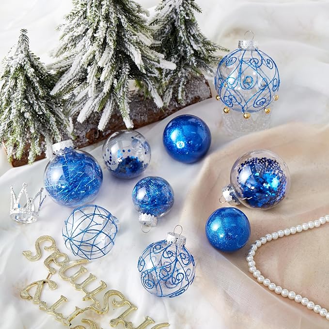 Wironlst Christmas Ball Ornaments Shatterproof Clear Large Plastic Hanging Ball Decorative Baubles Set with Stuffed Delicate Decorations (Multi-Size, Blue)