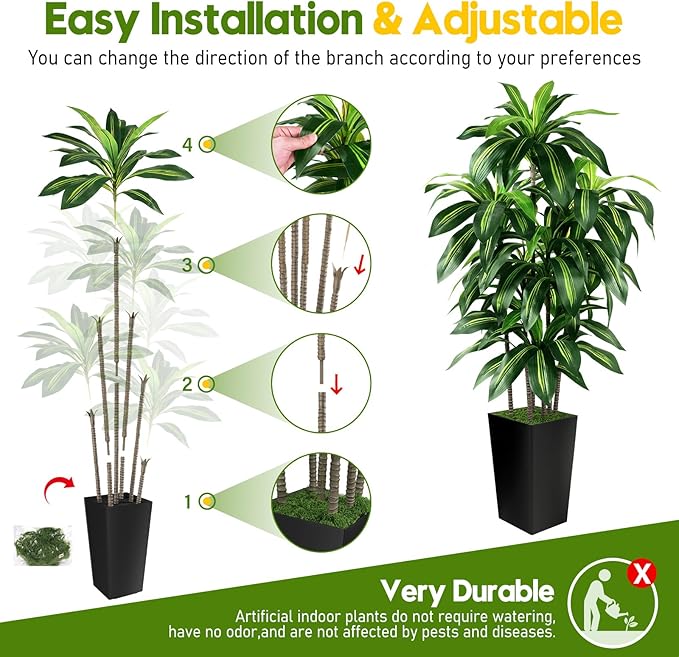 Artificial Dracaena Tree Indoor, 5FT Tall Fake Tree with Black Tall Planter, Artificial Trees Fake Yucca Potted Tree for Home Office Living Room Decor, Tall Artificial Plant for Housewarming