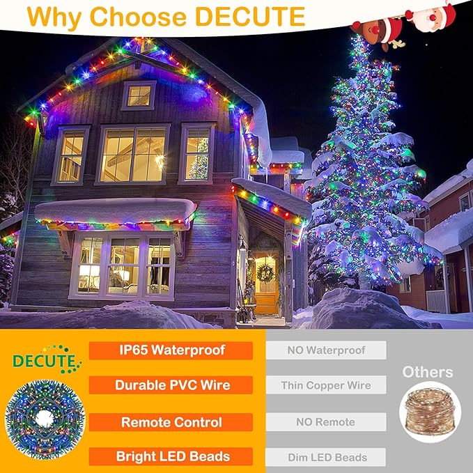 Decute 300LED Christmas String Lights Outdoor Waterproof 105FT UL Certified with End-to-End Plug 8 Modes, Multicolor Indoor Starry Fairy Lights for Christmas Tree Patio Garden Wedding Party Decor