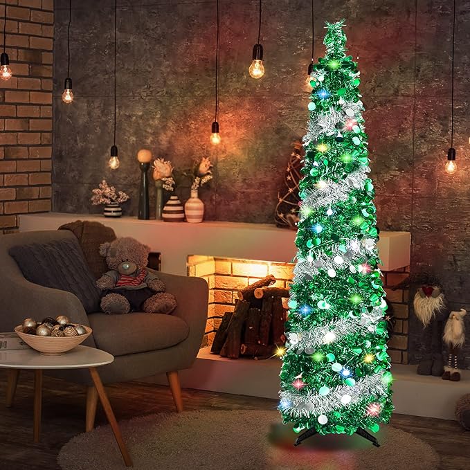 5 FT Christmas Trees with 90 Colorful Lights, Collapsible Artificial Sequin Pop Up Christmas Tree, Tall Skinny Pencil Tinsel Christmas Trees Xmas Tree for Home Apartment Basement Fireplace