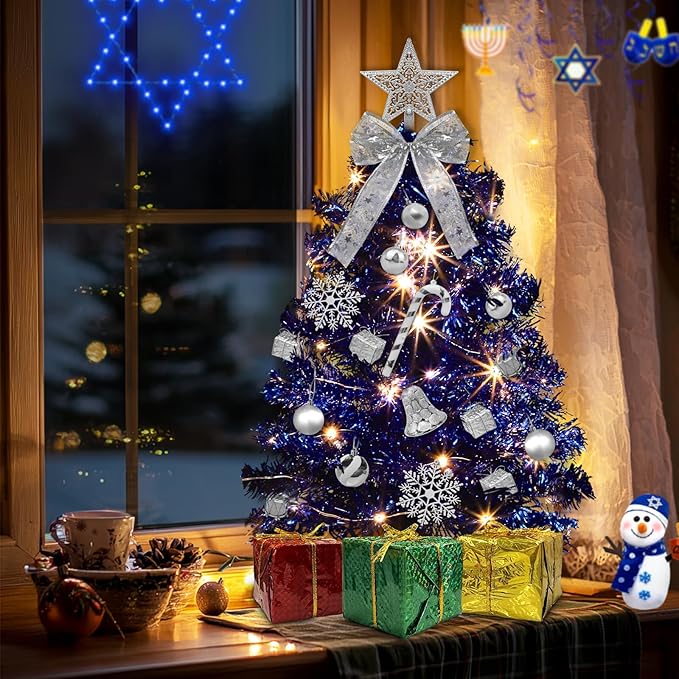 Timer - Hanukkah Decorations 24 Inch/2 FT Blue Tabletop Christmas Tree with Lights, 20 Warm White Lights 8 Mode, 27 Orantment Star Boxes Mini Small Christmas Tree Home Party Table Xmas Hanukkah Decor