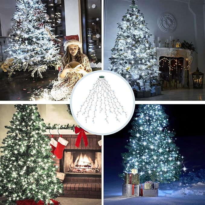 Christmas Tree Lights String, 200LED Christmas Lights for Tree with 8 Light Modes & Memory Function, 5FT x 10 String Lights with Timing & Remote Control for Xmas Holiday Decorations - Cold White
